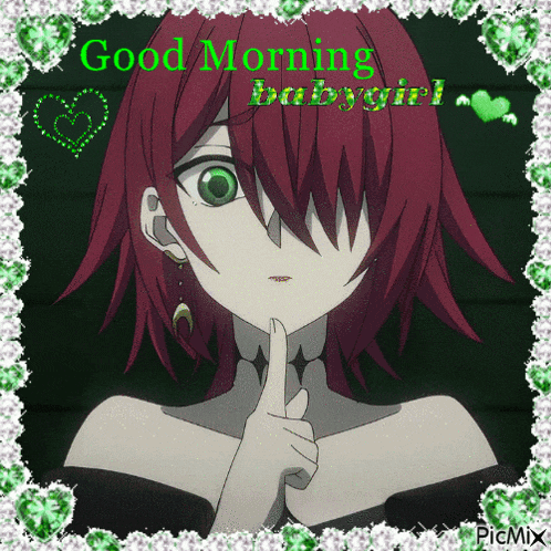 a picture of a girl with red hair and green eyes that says good morning babygirl