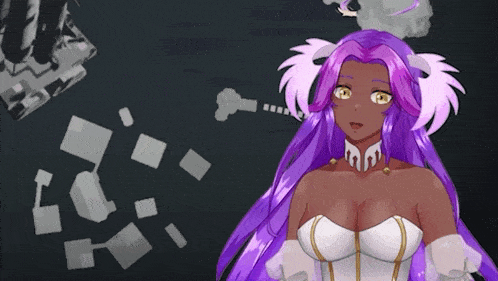 a woman with purple hair and white gloves is standing in front of a black background