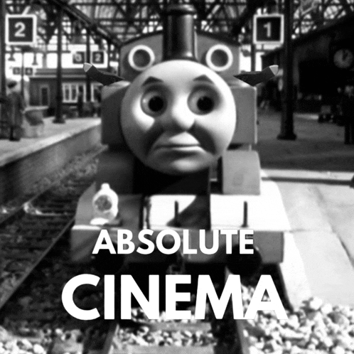 a black and white photo of a train with the words " absolute cinema " on the bottom