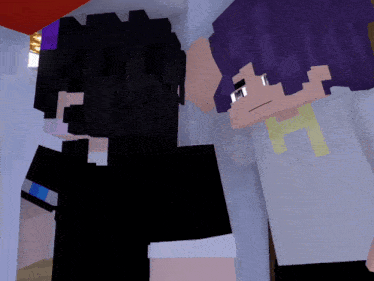 two minecraft characters one with purple hair and the other with the letter h on his shirt