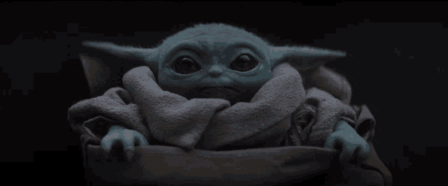 a baby yoda looks at the camera with a serious expression on his face