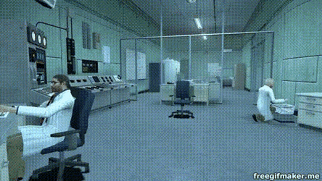 a man in a lab coat sits at a desk in a room with the words freegifmaker.me at the bottom