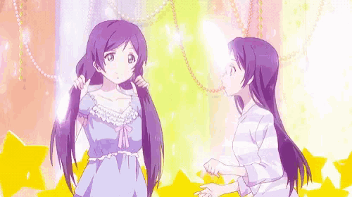 two anime girls are standing next to each other and one of them is holding the other 's hair .