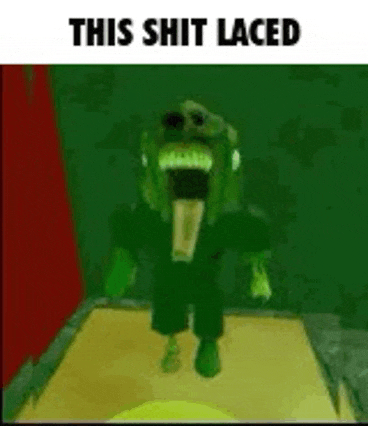 a cartoon character with a skull on his head is standing in a room with his tongue hanging out .