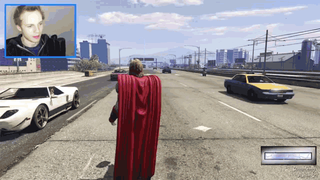 a video game shows a man in a red cape walking down a highway
