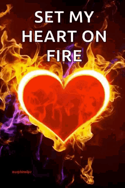 a red heart is on fire with the words `` set my heart on fire '' written above it .