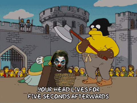 a cartoon of a clown being executed with the words your head lives for five seconds afterwards