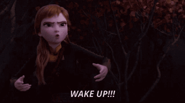 anna from frozen is screaming with the words wake up written below her