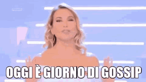 a woman says oggi e giorno di gossip in front of a purple background