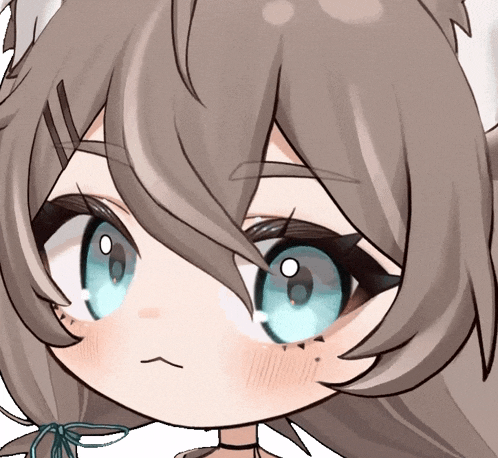 a close up of a cartoon character 's face with brown hair and blue eyes