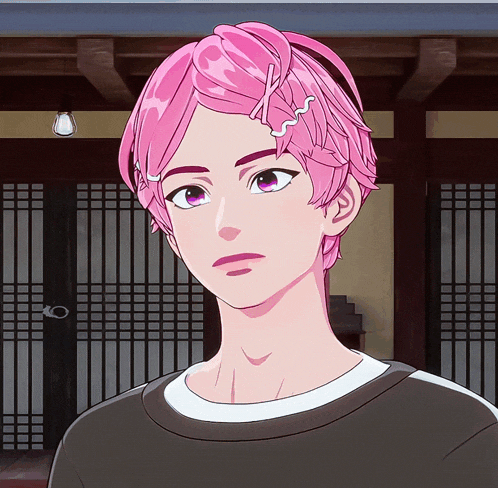 a boy with pink hair and purple eyes is wearing a black sweater