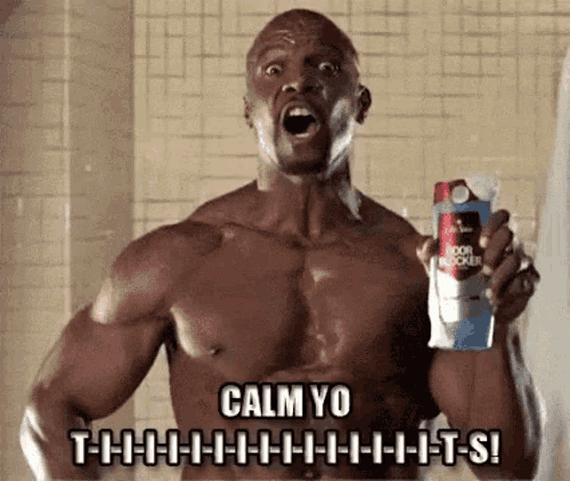 a shirtless man is holding a bag of odor blocker in a shower .