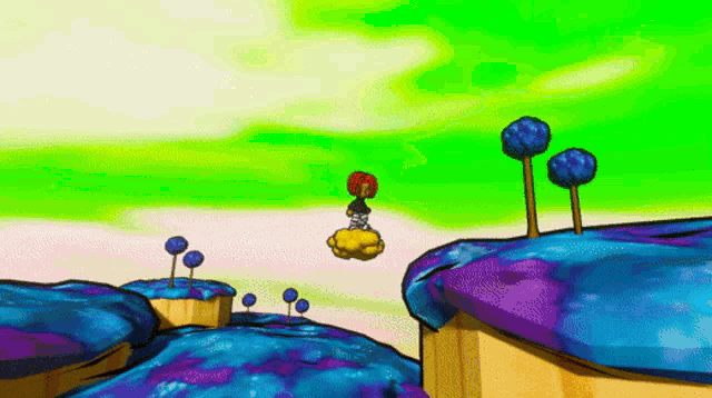 a cartoon character is flying through the air on a cloud surrounded by trees