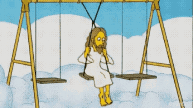 a cartoon of a woman sitting on a swing set in the clouds .