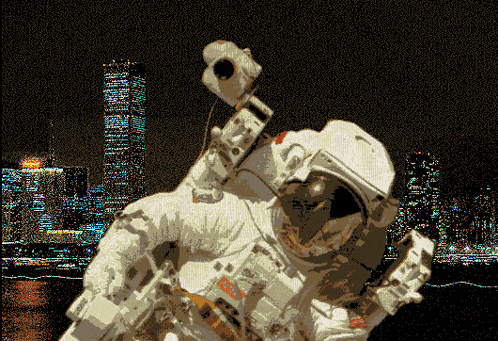 a pixelated image of an astronaut with a sticker on his helmet that says ' ussr '