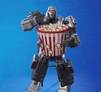 a robot is holding a bucket of popcorn with the word popcorn on it