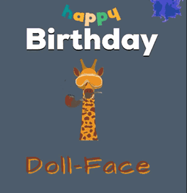 a happy birthday card with a giraffe wearing goggles and a pipe