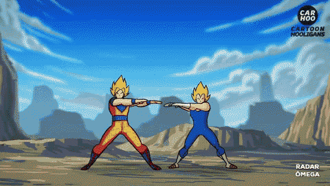 a cartoon of goku and vegeta fighting each other with the words radar omega below them