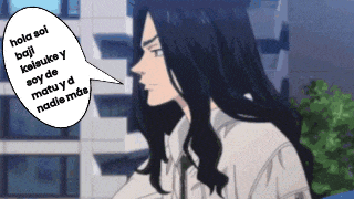 a man with long black hair has a speech bubble above his head that says hola soi baji