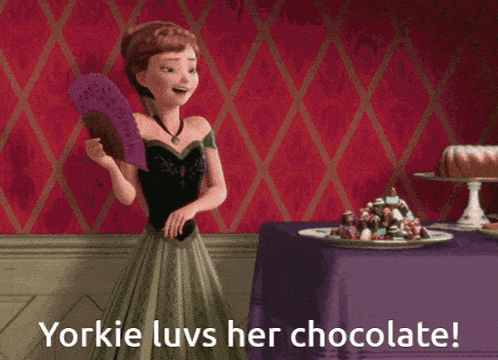 a cartoon of a woman holding a fan with the words yorkie luvs her chocolate