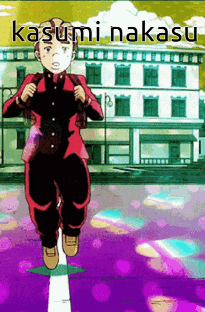 a cartoon of a boy running with the words kasumi nakasu written above him