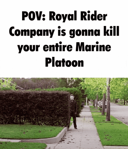 a picture of a man walking down a sidewalk with the caption pov : royal rider company