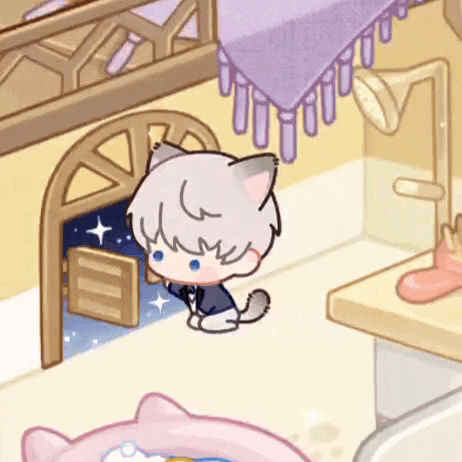 a cartoon cat is sitting in a room next to a pink cat bed .