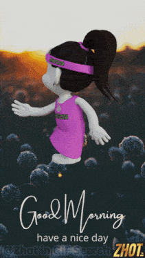 a cartoon girl wearing a purple dress and a visor says good morning