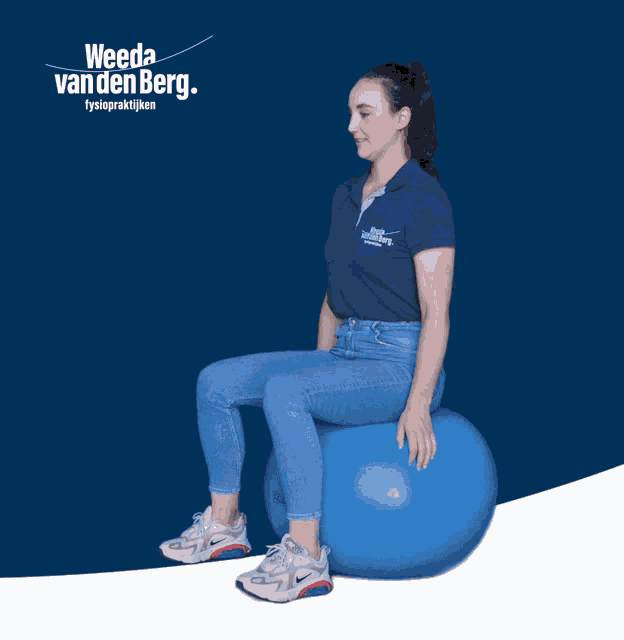 a woman sits on a blue exercise ball in front of a weeda van den berg sign