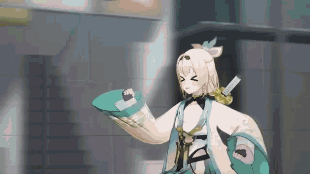 a 3d anime girl is standing in front of a building with a sword around her neck .
