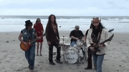 a group of people playing instruments on a beach with a drum that says wally world on it