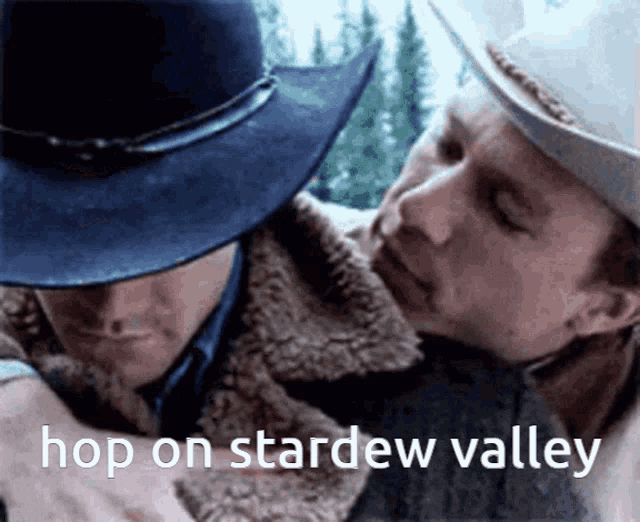 a man in a cowboy hat is hugging another man with the words hop on stardew valley on the bottom