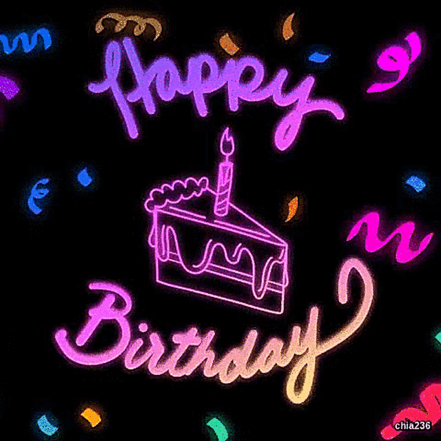 a neon sign that says `` happy birthday '' with a slice of cake and candle .