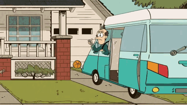 a cartoon drawing of a man driving a van in front of a house