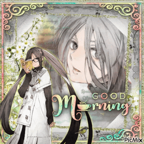 a picture of a girl reading a book with the words good morning on it