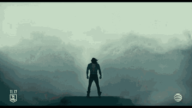 a silhouette of a man standing on top of a hill in the fog .