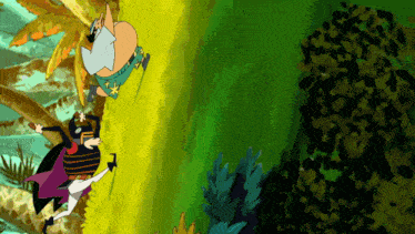 a cartoon of a man and a woman standing next to each other on a yellow background