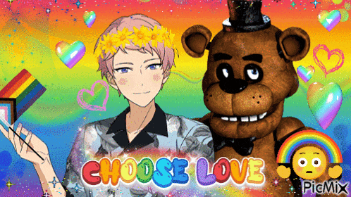 a boy with a flower crown is standing next to a teddy bear with the words " choose love " written on it