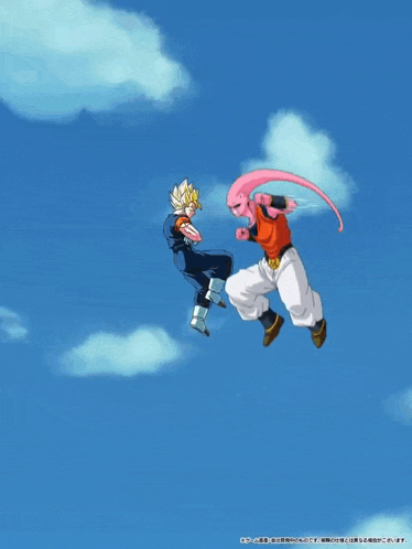 a cartoon of a man kicking another man in the air with a blue sky in the background and a few clouds