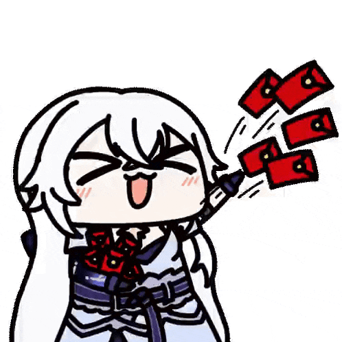 a cartoon of a girl with white hair holding a gun and throwing red envelopes .
