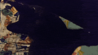 a black cat is laying on a bed with a blanket with cats on it