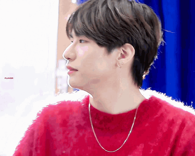 a close up of a person wearing a red sweater with the word flavor on the bottom right