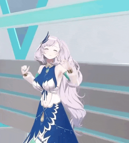 a girl with long white hair and a blue dress
