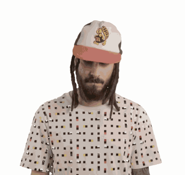 a man with dreadlocks wearing a hat and a shirt with squares