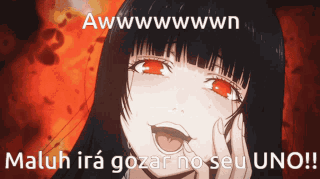 a picture of a girl with red eyes and the words maluh ira gozar no seu uno on the bottom