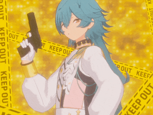 a girl with blue hair is holding a gun in front of a yellow keep out tape