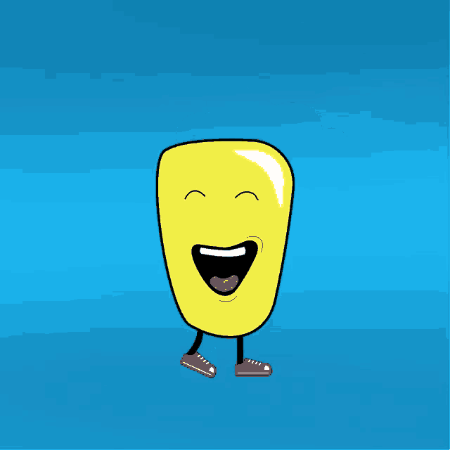 a cartoon drawing of a yellow object with red shoes