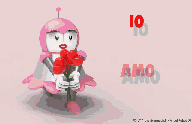 a pink robot is holding a bouquet of red flowers and the words amo are behind her