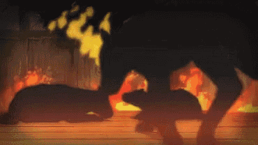 a silhouette of two animals standing next to each other on a wooden floor in front of a fire .