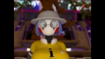 a cartoon character wearing a hat and glasses is standing in front of a staircase .